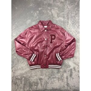 Mable Varsity Letterman Jacket Burgundy Faux Leather Snap Front‎ Medium FLAW
